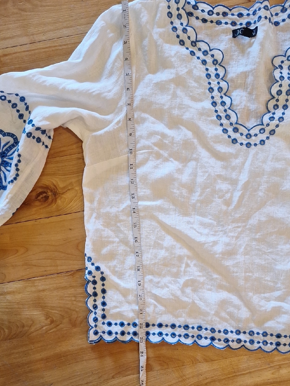 J. Crew Bungalow Embroidered Tunic Top Linen White & Blue Size L - Picture 8 of 12
